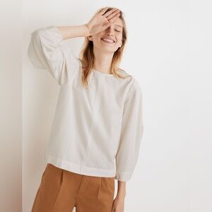 Madewell White Crepe Puff-Sleeve Seamed Top